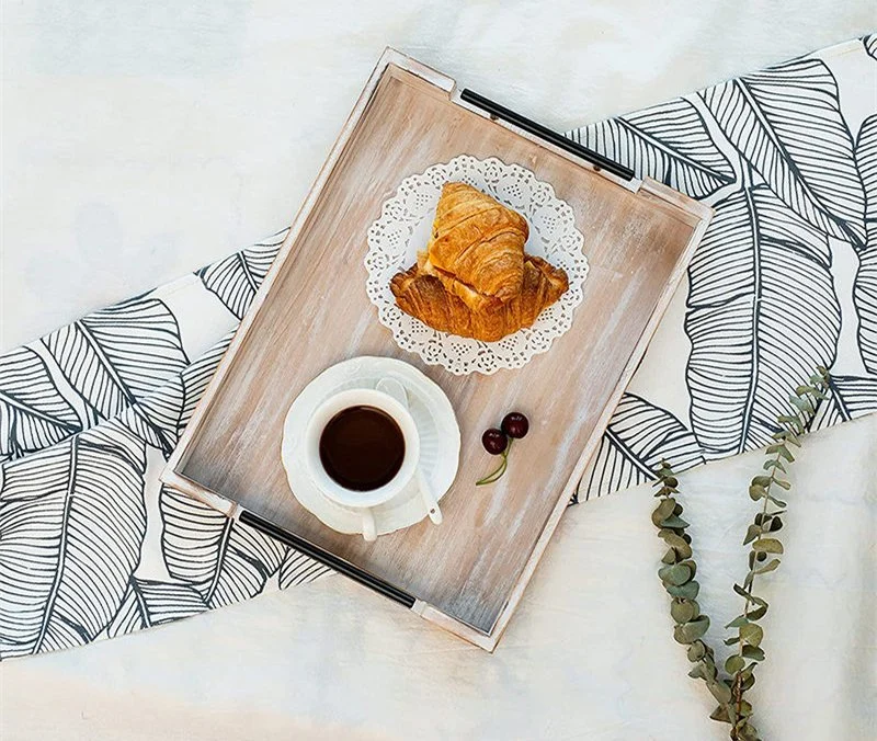 Rustic Wooden/Wood Serving Tray with Metal Handles for Tea/Coffee/Drinks/Meal/Wine